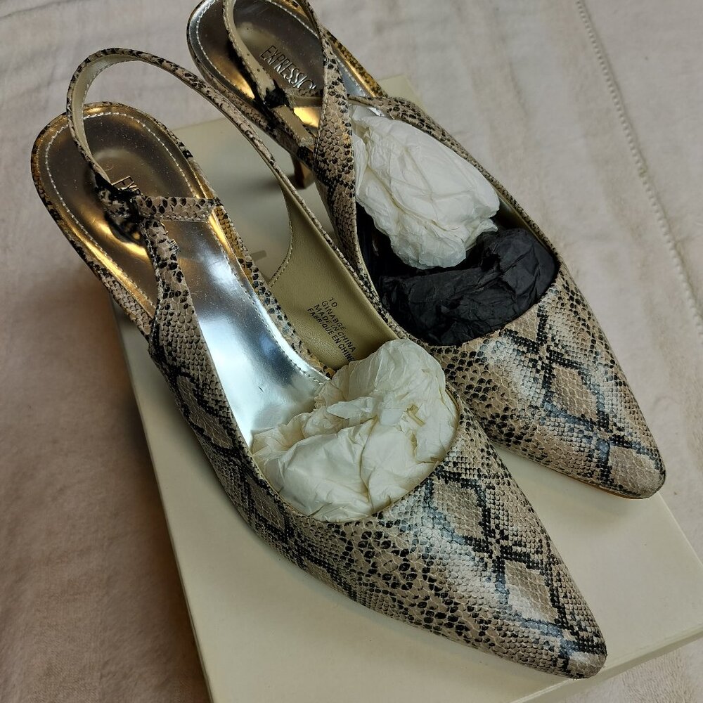 Vintage Faux Snakeskin Slingback‎ Pointed Toe Kitten Heels Pumps Sz10 Expression